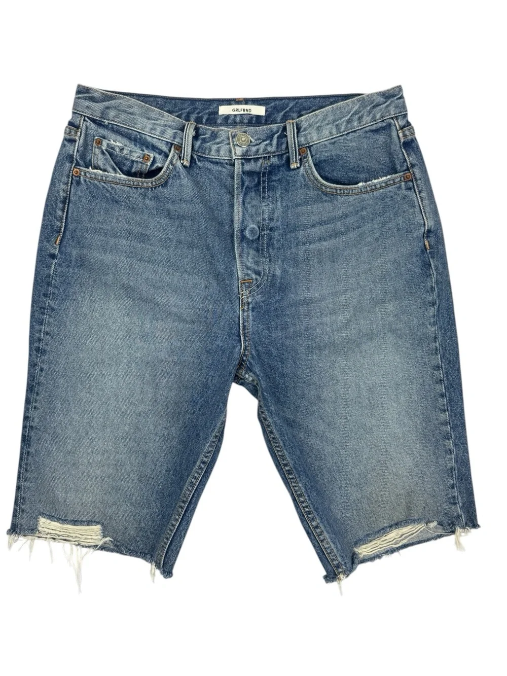 GRLFRND denim Beverly button fly distressed hem long shorts sz 29
